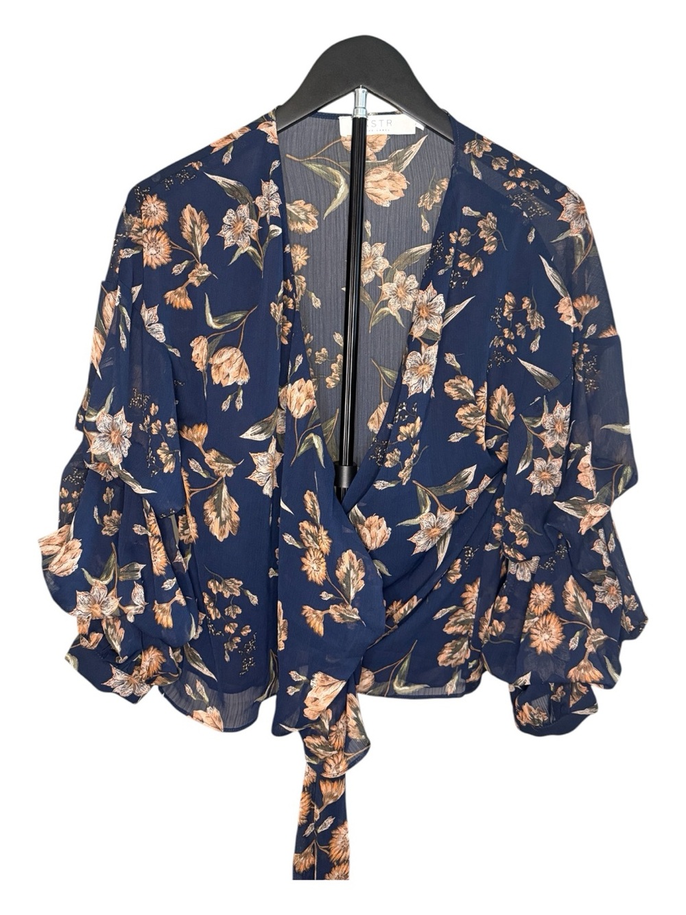 Astr Navy Floral Tie-Front Blouse with Peach Blooms